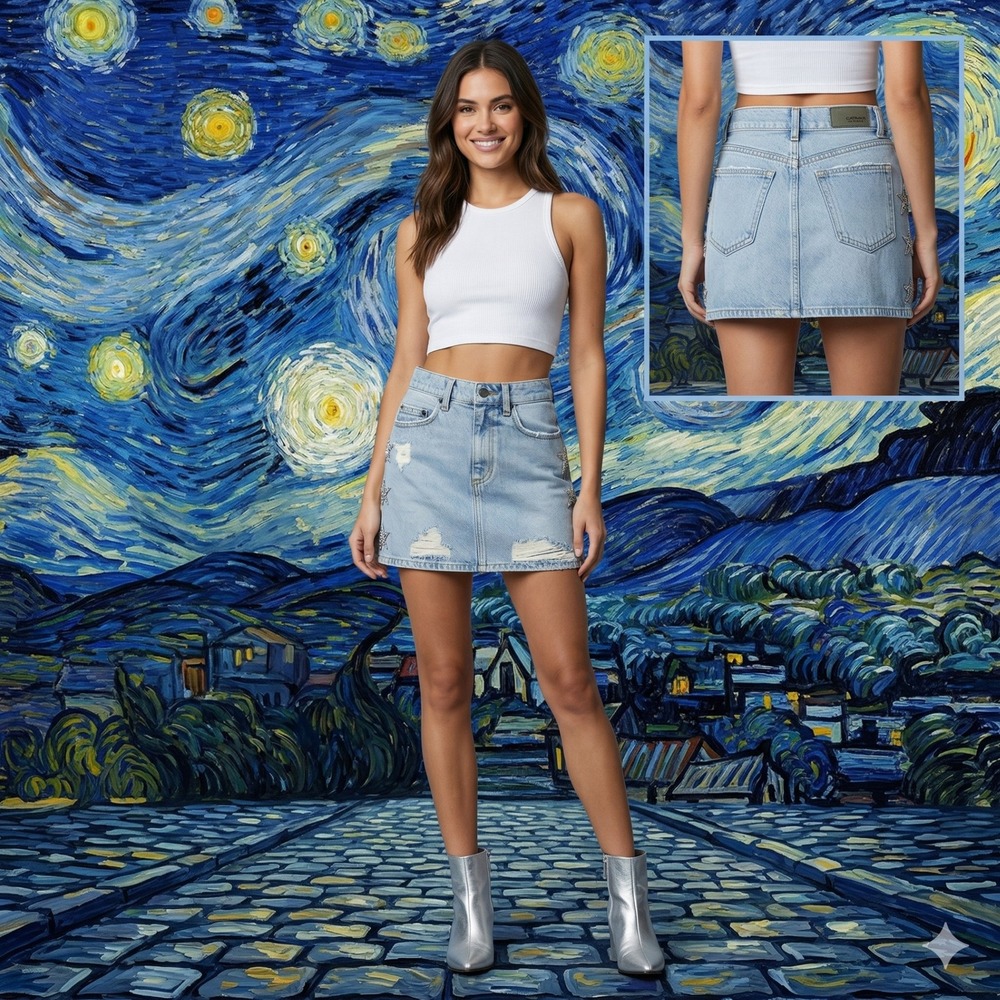 Carmar Denim Colin Star Rhinestone Distressed Mini Skirt Light‎ Wash Size 24 NEW